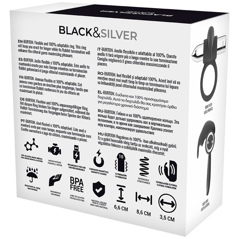 BLACK&SILVER - BURTON RECHARGEABLE RING 10 VIBRATION MODES BLACK&SILVER - 3