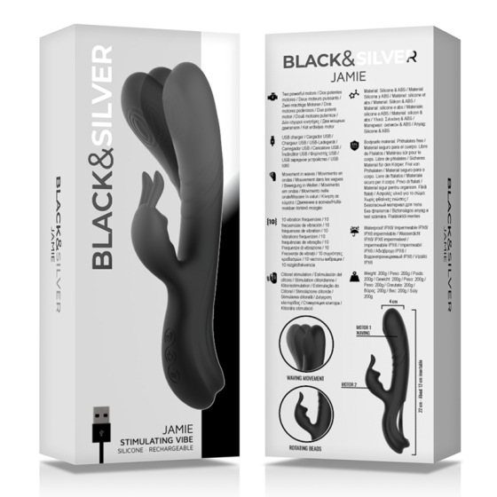BLACK&SILVER - JAMIE RECHARGEABLE SILICONE RABBIT STIMULATOR BLACK BLACK&SILVER - 7
