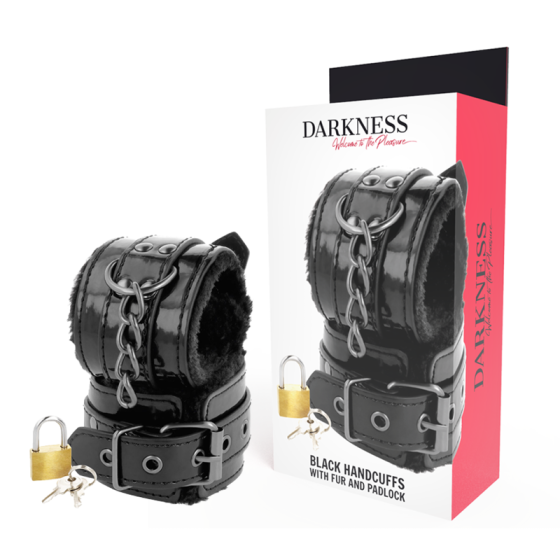 DARKNESS - BLACK ADJUSTABLE LEATHER HANDCUFFS WITH PADLOCK