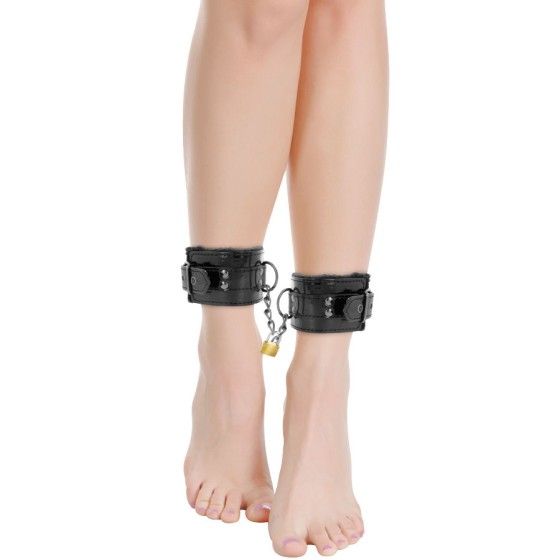 DARKNESS - ADJUSTABLE BLACK LEATHER ANKLE HANDCUFFS WITH PADLOCK DARKNESS BONDAGE - 2