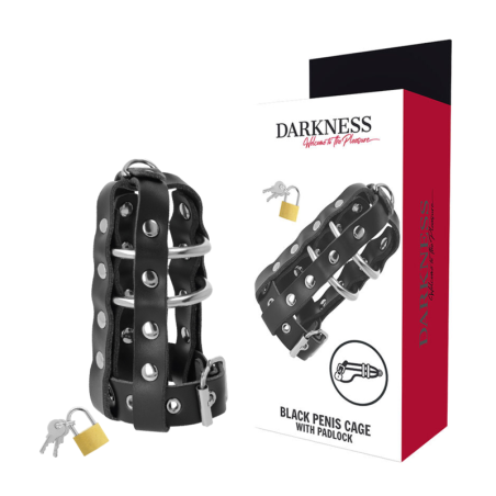DARKNESS - LEATHER CHASTITY CAGE WITH LOCK