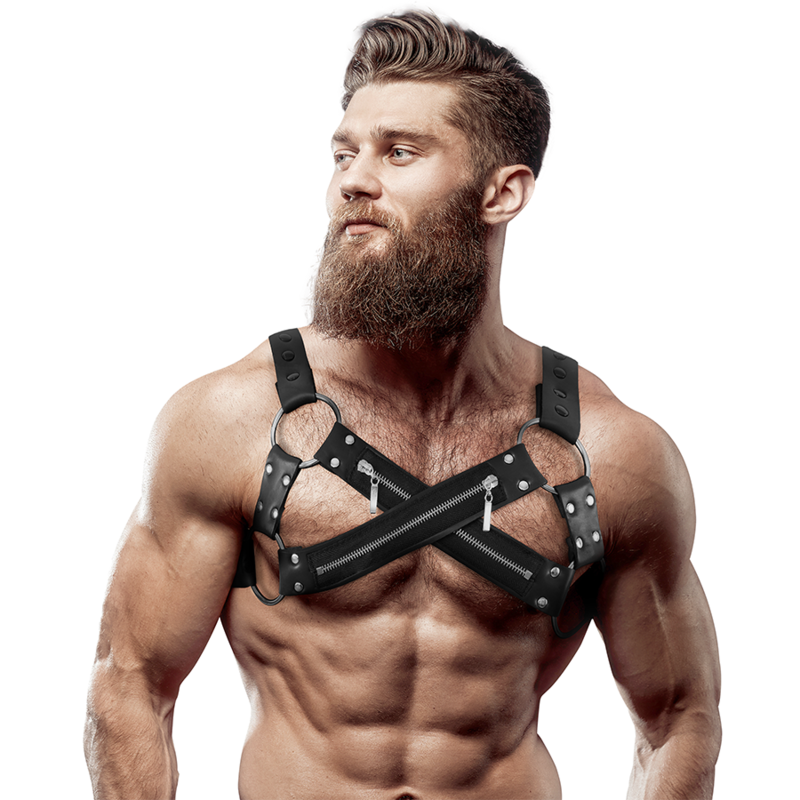 FETISH SUBMISSIVE ATTITUDE - ADJUSTABLE NEOPRENE CROSS-OVER CHEST BULLDOG HARNESS WITH ZIPPERS FOR MEN FETISH SUBMISSIVE ATTITUD