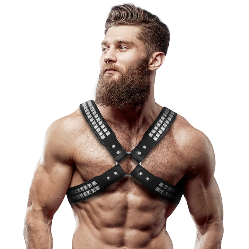 FETISH SUBMISSIVE ATTITUDE - MEN'S CROSSED CHEST ECO-LEATHER HARNESS WITH RIVETS FETISH SUBMISSIVE ATTITUDE - 1