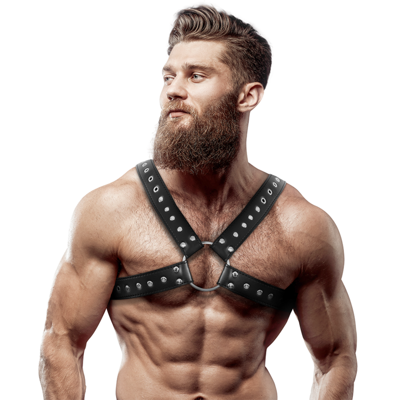 FETISH SUBMISSIVE ATTITUDE - MEN'S CROSS-OVER ECO-LEATHER CHEST HARNESS WITH STUDS FETISH SUBMISSIVE ATTITUDE - 1