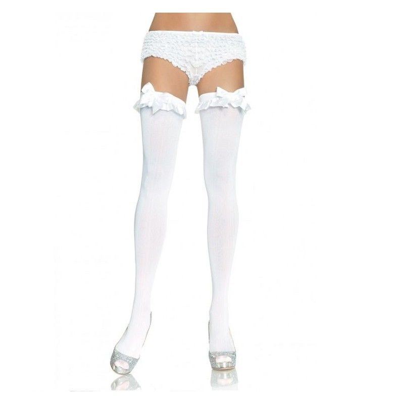 LEG AVENUE - WHITE OPAQUE TIGHTS WITH Ruffle AND BOW FINISH LEG AVENUE HOSIERY - 1