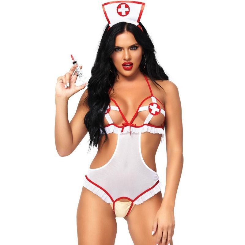 LEG AVENUE - NURSE OPEN CROTHLESS TEDDY ONE SIZE LEG AVENUE TEDDIES - 1