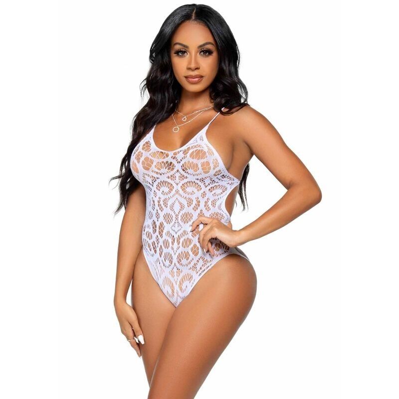 LEG AVENUE - SEAMLESS SCROLL LACE TEDDY - WHITE LEG AVENUE TEDDIES - 1