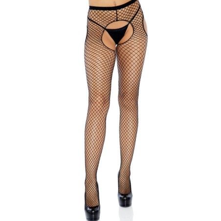 LEG AVENUE - BLACK CROTCHLESS NET STOCKINGS