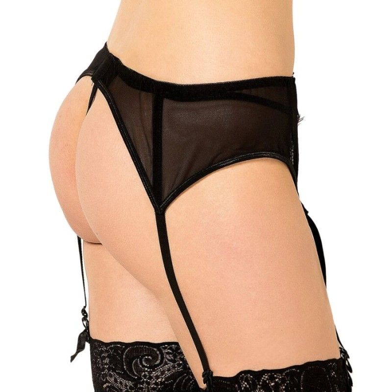 QUEEN LINGERIE - THONG WITH LACE GARTER BELT BLACK L/XL QUEEN LINGERIE - 3