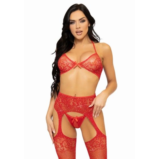 LEG AVENUE - THREE PIECES SET BRA, STRING AND STOCKING ONE SIZE - RED LEG AVENUE SETS - 1