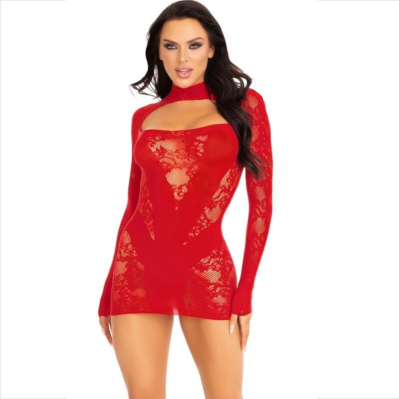 LEG AVENUE - MINI DRESS WITH LACE LONG SLEEVE RED LEG AVENUE DRESSES - 1