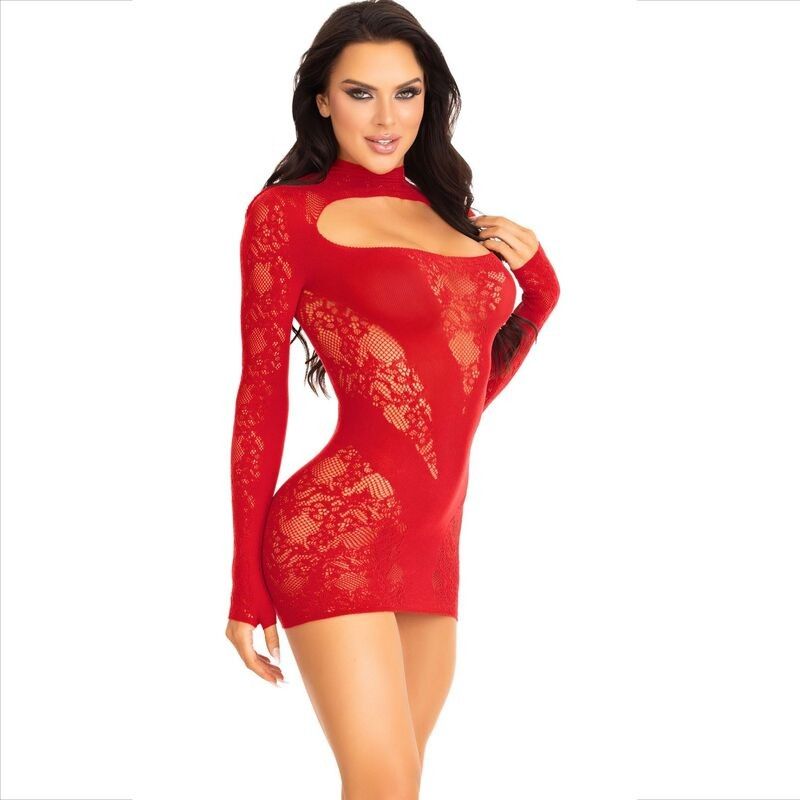 LEG AVENUE - MINI DRESS WITH LACE LONG SLEEVE RED LEG AVENUE DRESSES - 2