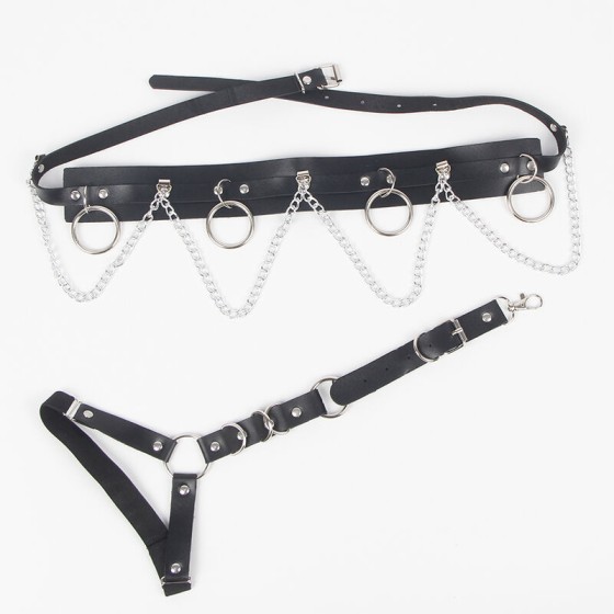 SUBBLIME - BELT AND GARTER HARNESS WITH RINGS AND CHAINDETAIL ONE SIZE SUBBLIME FETISH - 4