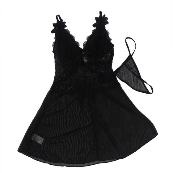 SUBBLIME - BABYDOLL TULLE FABRIC WITH LACE AND FLOWER DETAIL BLACK L/XL SUBBLIME BABYDOLLS - 3