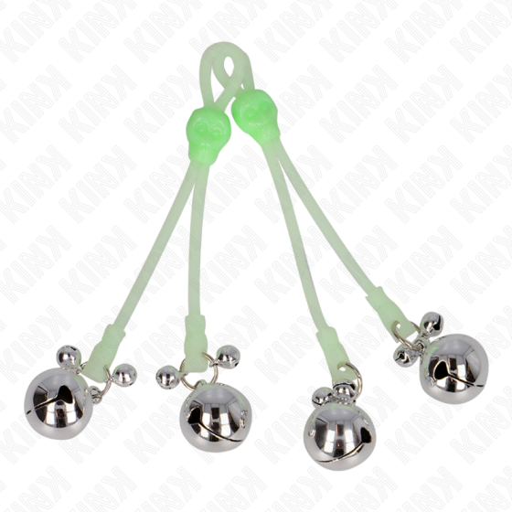 KINK - LUMINOUS SKULL NIPPLE CLAMPS WITH RING BELLS ADJUSTABLE GREEN / SILVER KINK NIPPLE GRIP - 1