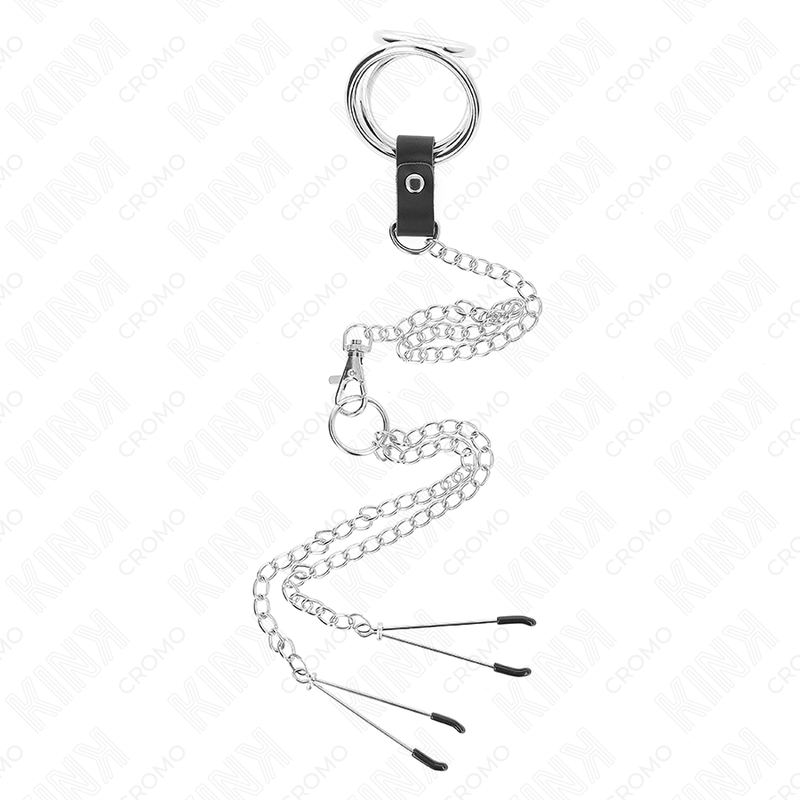 KINK - TRIPLE CHROME METAL PENIS RING 3 CM TO 4.5 CM WITH 26 CM METAL CHAIN AND NIPPLE CLIPS KINK RING POWER - 3