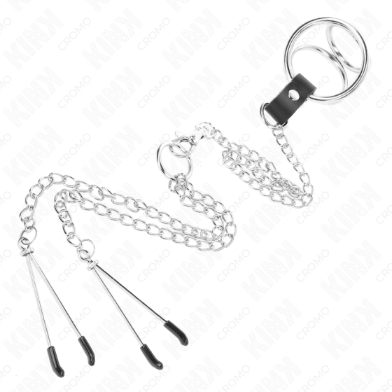 KINK - TRIPLE CHROME METAL PENIS RING 3 CM TO 4.5 CM WITH 26 CM METAL CHAIN AND NIPPLE CLIPS KINK RING POWER - 4