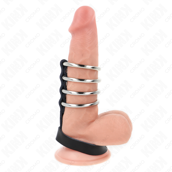 KINK - 4 METAL PENIS RINGS 3.8 CM CONNECTED WITH LEATHER STRAP 22 X 1.5 CM AND PRESSURE CLOSURE KINK RING POWER - 1